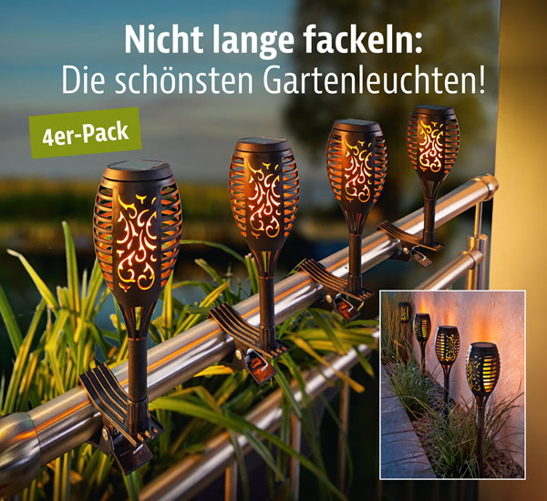 4er-Pack Solar-Gartenstecker Flame mit Befestigungshalterung